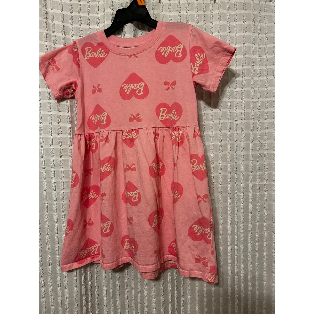 H&M Barbie Girls Pink Heart Logo Jersey Dress Size 5T 6 Short Sleeve Cotton